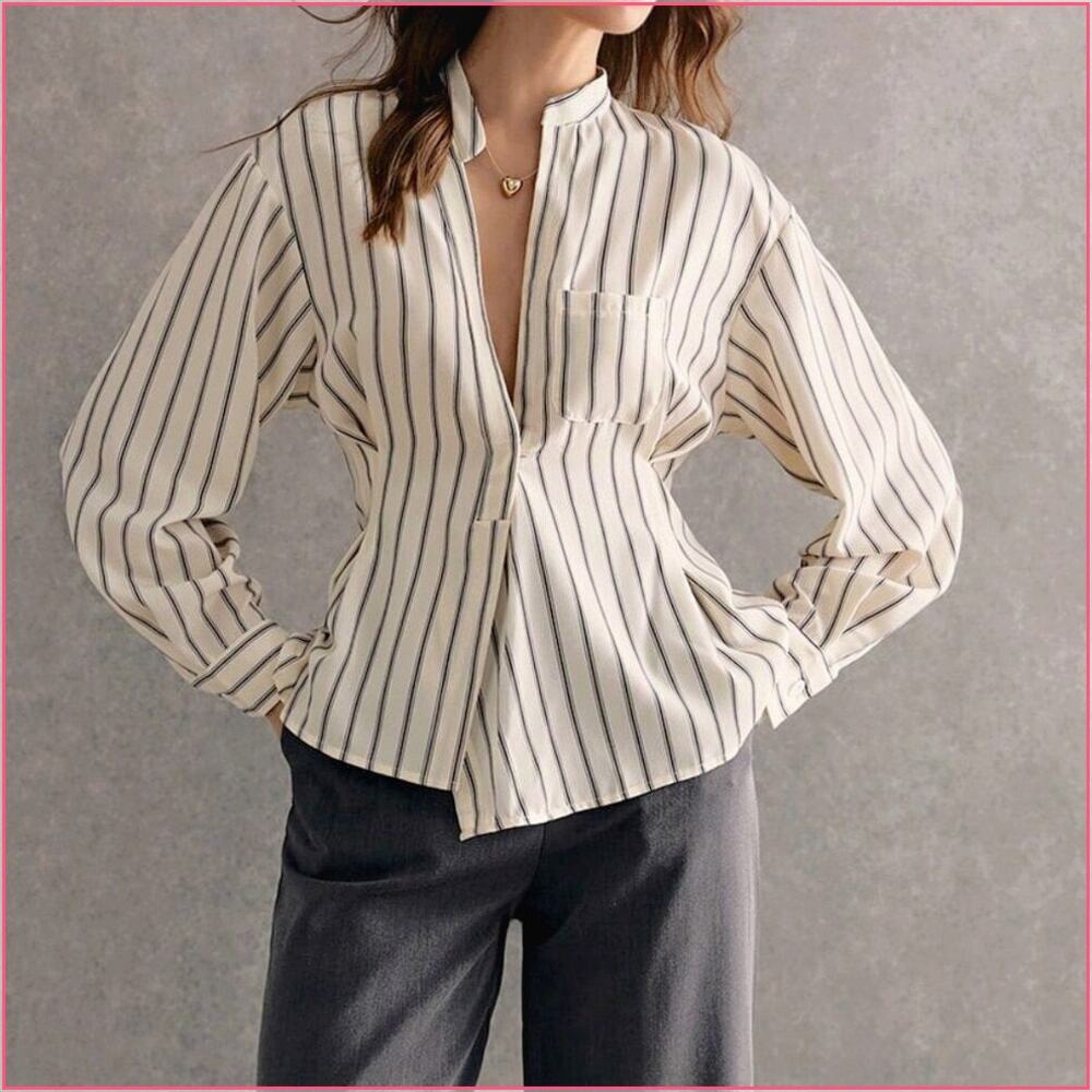 Apricot Preppy Women's Waisted V-Neck Striped Shirt